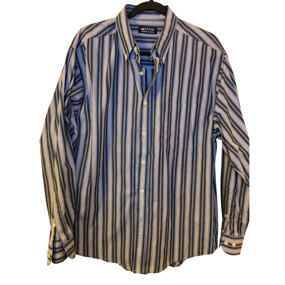 Vintage Puritan Mens Large Blue Striped Button Down Shirt Wrinkle Resistant L